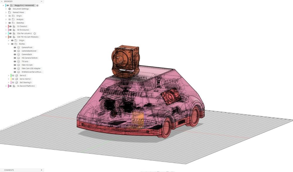 Buggy 0.4 in Fusion 360, x-ray view: platforms, electronics, drive and the camera head inside the shell