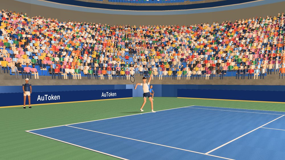 Courtside in a packed tennis stadium, the server in the trophy position, built by AuToken in its own 3D renderer from one sentence