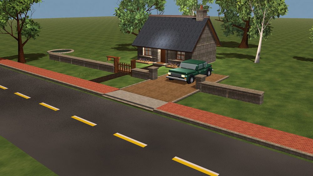 A stone cottage with a slate roof, a green estate car on the drive, trees and a pond