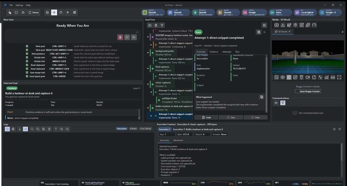 The AuToken workspace: goal tree, snippet, evidence and the 3D world