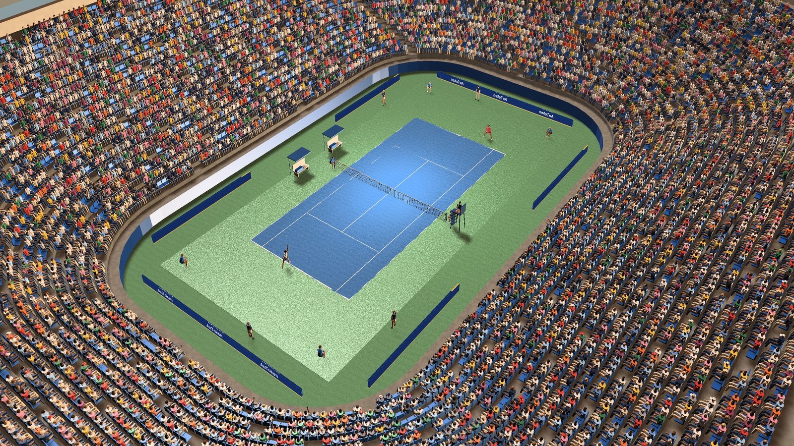 A packed two-tier tennis stadium from above, late afternoon